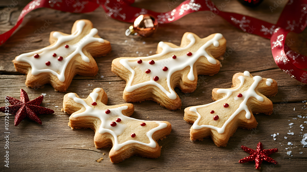 Close-up of Christmas cookies shaped like stars and gingerbread men on a wooden table with holiday decorations, copy space Close-up of Christmas cookies shaped like stars and gingerbread men on a wooden table with holiday decorations, copy space