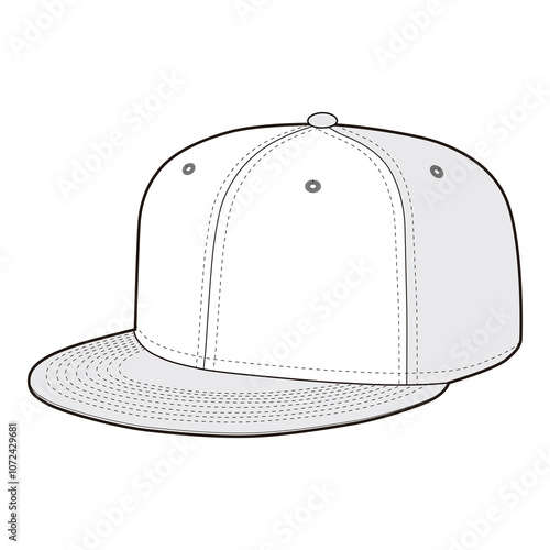 Vector illustration of a flat-brim baseball cap shown from a three-quarters angle in black and white, with stitching details.
 photo