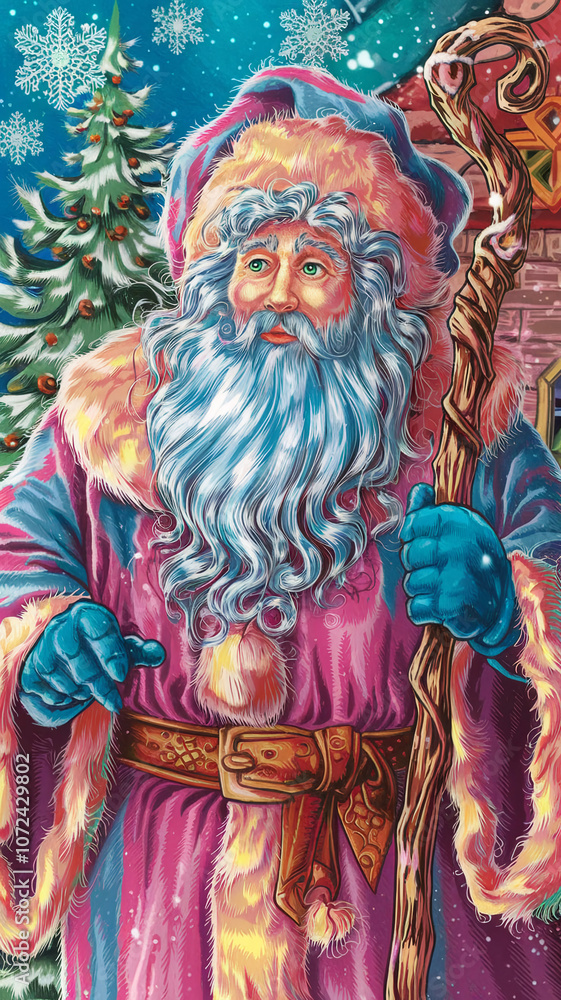 Fototapeta premium Art, kind handsome Grandfather Frost from Russian folk tales, staff in hand, near the New Year tree, snowflakes, long blue rich fur coat embroidered with shiny snowflakes, belted with a sash