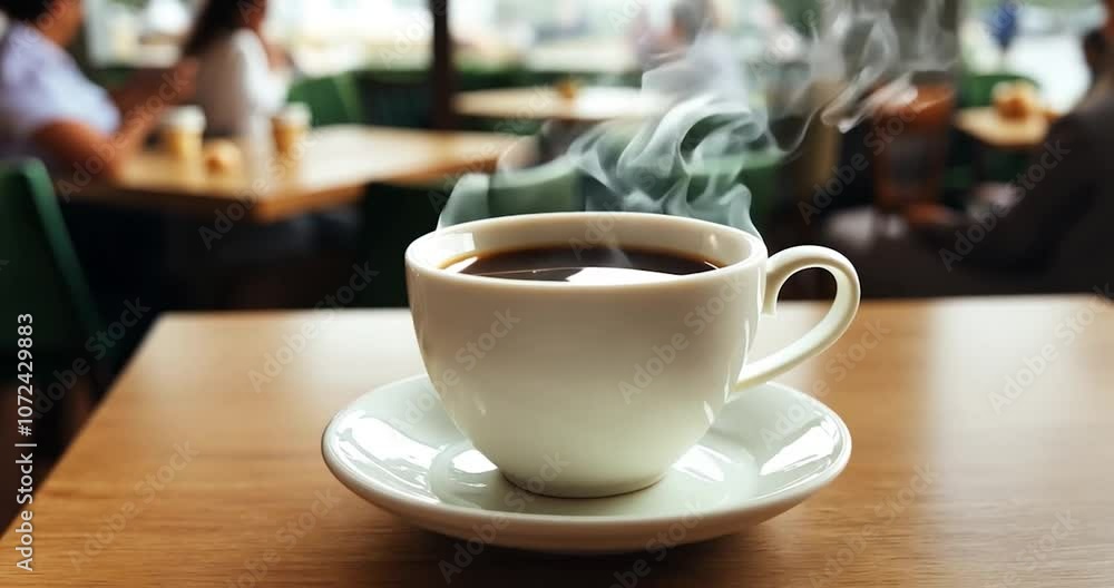 Minimalistic cafe table with a single cup of hot coffee, soft steam rising, Minimalistic cafe table with a single cup of hot coffee, soft steam rising,