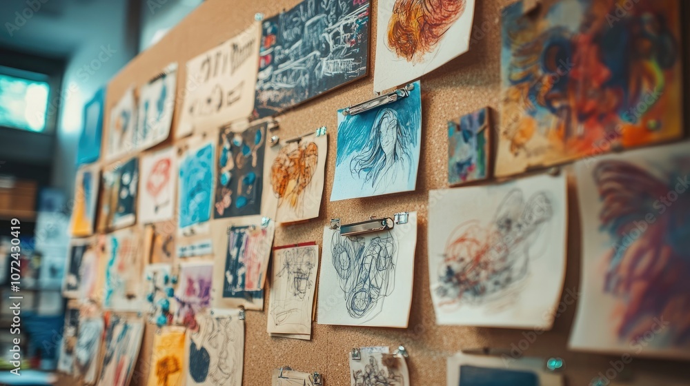 A collection of colorful sketches pinned to a corkboard, capturing the essence of creativity and inspiration. A collection of colorful sketches pinned to a corkboard, capturing the essence of creativity and inspiration.