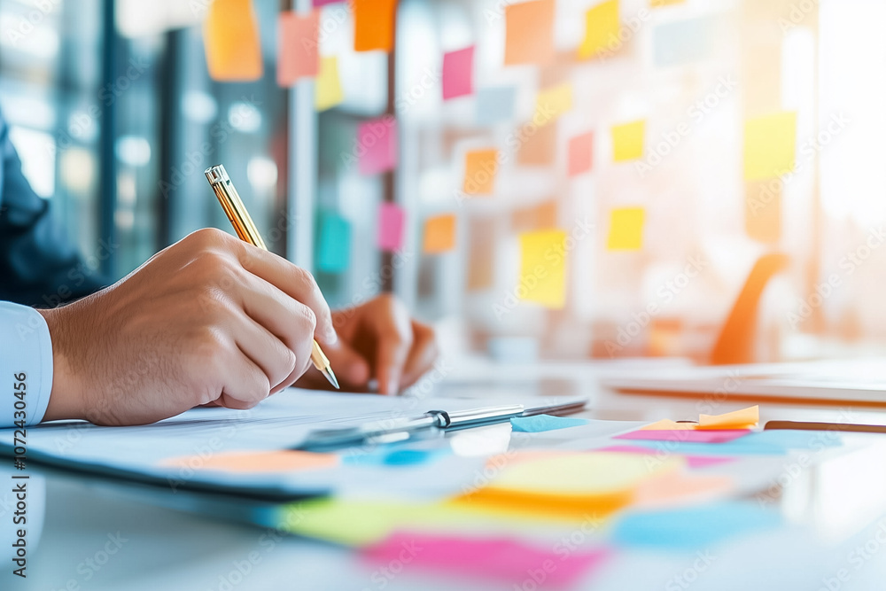 A focused individual writes on a notepad in a contemporary office filled with colorful sticky notes