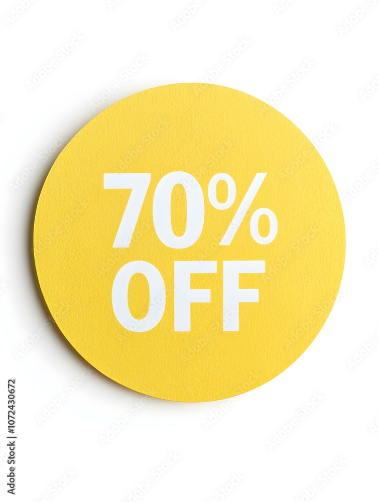 White '70% OFF' Text on a Yellow Round Paper Note. White Background White '70% OFF' Text on a Yellow Round Paper Note. White Background