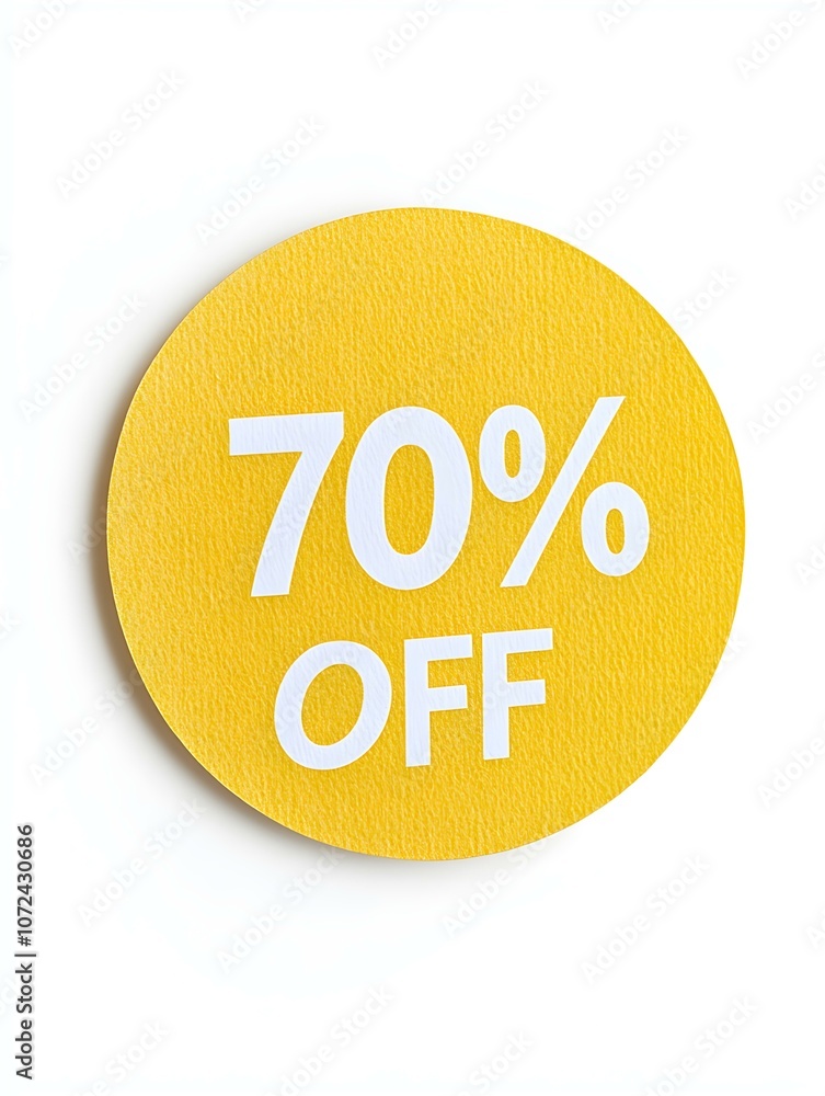 White '70% OFF' Text on a Yellow Round Paper Note. White Background White '70% OFF' Text on a Yellow Round Paper Note. White Background