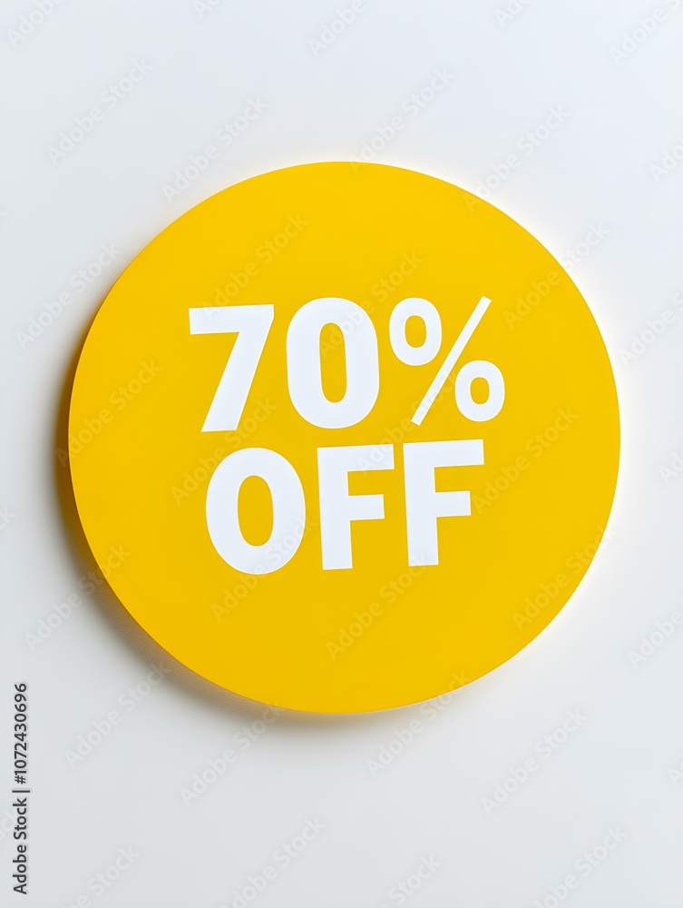 White '70% OFF' Text on a Yellow Round Paper Note. White Background 