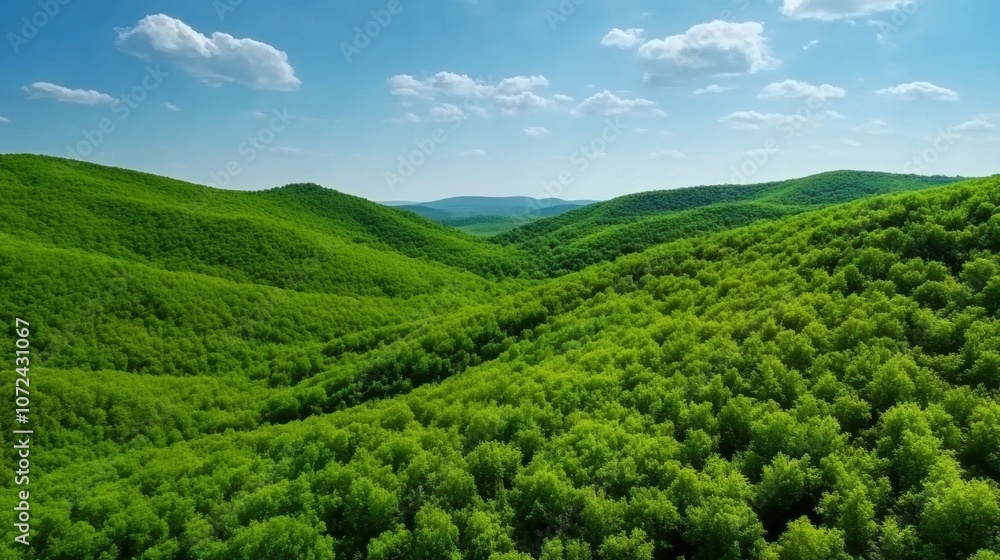 Lush green hills stretch under a bright blue sky with scattered clouds, AI Lush green hills stretch under a bright blue sky with scattered clouds, AI