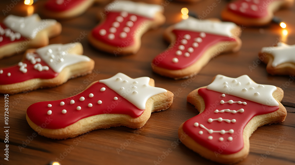Close-up of Christmas cookies shaped like stars and gingerbread men on a wooden table with holiday decorations, copy space Close-up of Christmas cookies shaped like stars and gingerbread men on a wooden table with holiday decorations, copy space