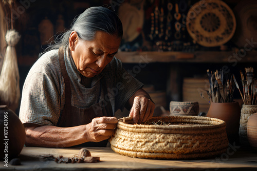 Native American elder carefully weaving traditional basket with skilled hands in rustic workshop photo