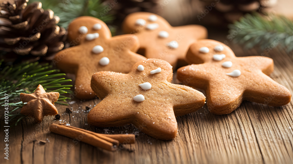 Close-up of Christmas cookies shaped like stars and gingerbread men on a wooden table with holiday decorations, copy space Close-up of Christmas cookies shaped like stars and gingerbread men on a wooden table with holiday decorations, copy space