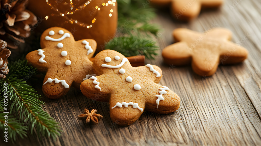 Close-up of Christmas cookies shaped like stars and gingerbread men on a wooden table with holiday decorations, copy space Close-up of Christmas cookies shaped like stars and gingerbread men on a wooden table with holiday decorations, copy space