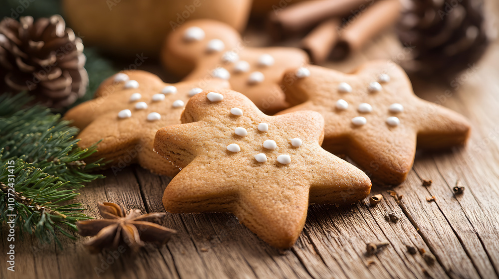 Close-up of Christmas cookies shaped like stars and gingerbread men on a wooden table with holiday decorations, copy space Close-up of Christmas cookies shaped like stars and gingerbread men on a wooden table with holiday decorations, copy space