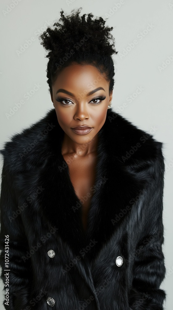 Elegant african woman in stylish black fur coat against neutral background Elegant african woman in stylish black fur coat against neutral background