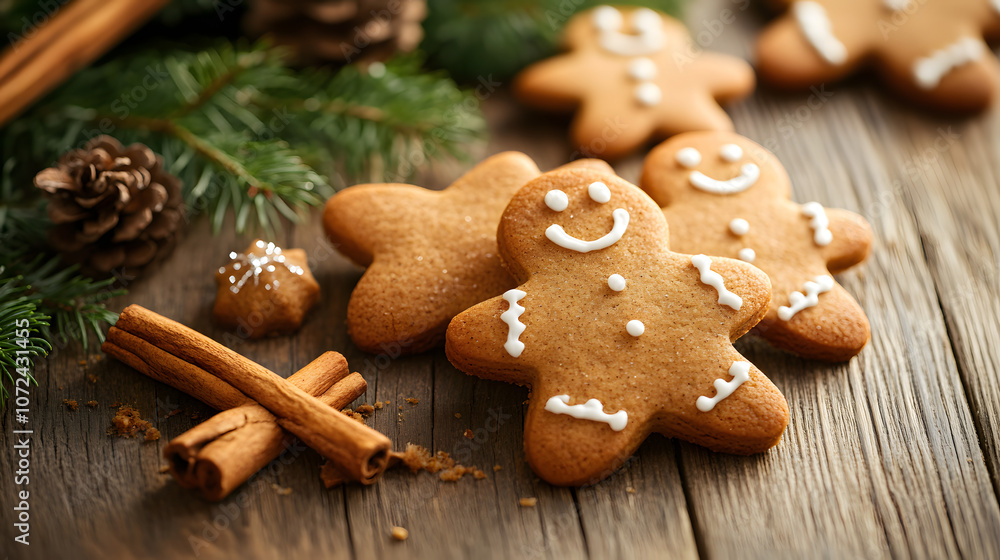 Close-up of Christmas cookies shaped like stars and gingerbread men on a wooden table with holiday decorations, copy space Close-up of Christmas cookies shaped like stars and gingerbread men on a wooden table with holiday decorations, copy space