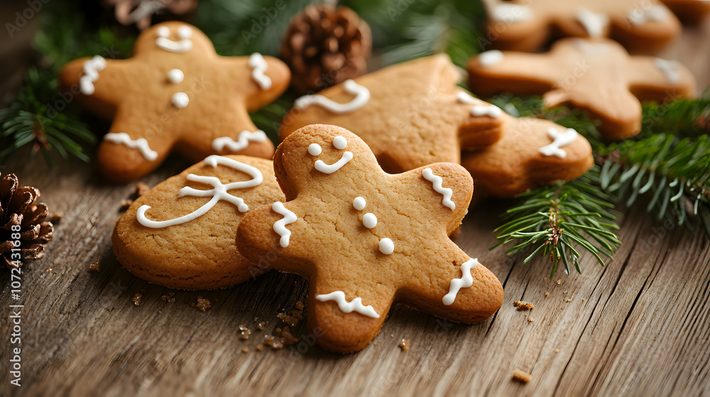 Close-up of Christmas cookies shaped like stars and gingerbread men on a wooden table with holiday decorations, copy space Close-up of Christmas cookies shaped like stars and gingerbread men on a wooden table with holiday decorations, copy space