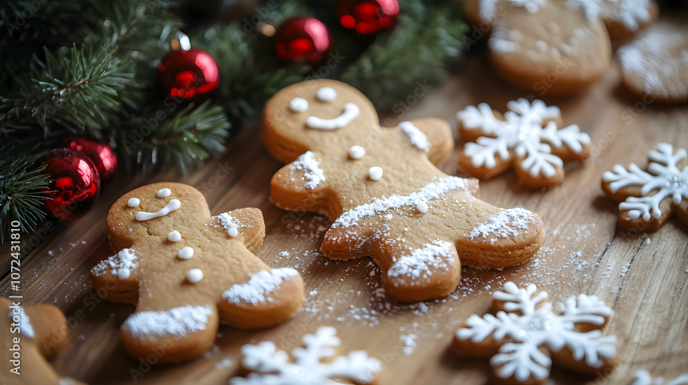 Close-up of Christmas cookies shaped like stars and gingerbread men on a wooden table with holiday decorations, copy space Close-up of Christmas cookies shaped like stars and gingerbread men on a wooden table with holiday decorations, copy space