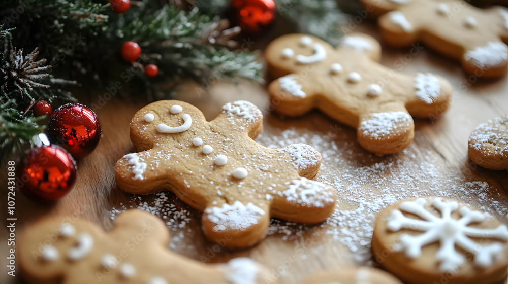 Close-up of Christmas cookies shaped like stars and gingerbread men on a wooden table with holiday decorations, copy space Close-up of Christmas cookies shaped like stars and gingerbread men on a wooden table with holiday decorations, copy space