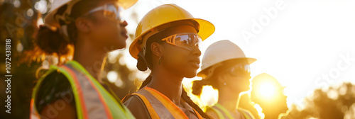 Inclusive image of a multiethnic team of female construction workers, professional portrait of a diverse group of tradeswoman builders, copy space