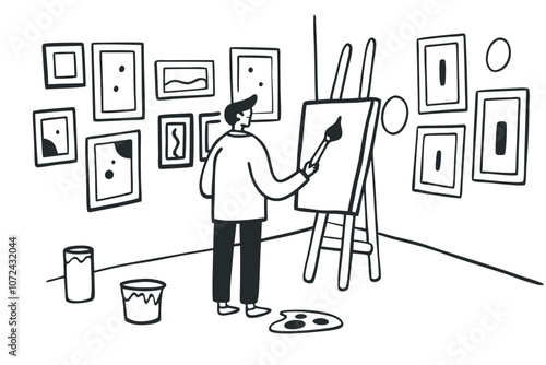 Sketch line art illustration of painter in art studio