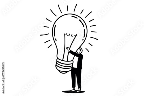 Businessman holding light bulb. Creativity concept. Line art vector illustration