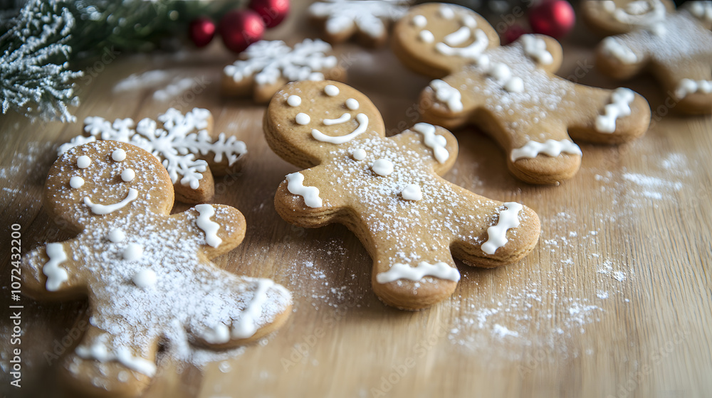 Close-up of Christmas cookies shaped like stars and gingerbread men on a wooden table with holiday decorations, copy space Close-up of Christmas cookies shaped like stars and gingerbread men on a wooden table with holiday decorations, copy space