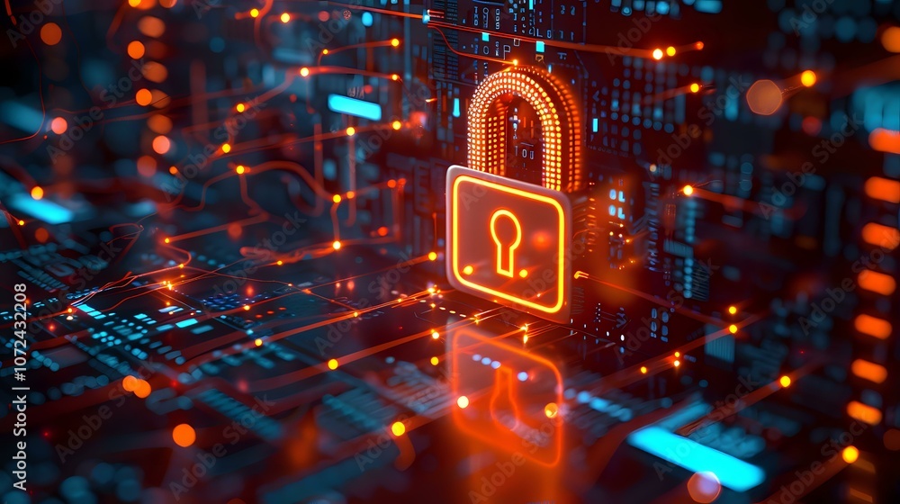 Digital security concept with glowing orange padlock on circuit board background, perfect for cybersecurity, data protection and network safety presentations. Digital security concept with glowing orange padlock on circuit board background, perfect for cybersecurity, data protection and network safety presentations.