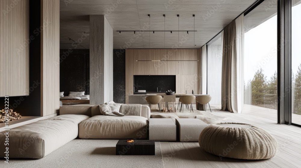 Modern minimalist living room with soft furnishings and large windows for natural light. Modern minimalist living room with soft furnishings and large windows for natural light.