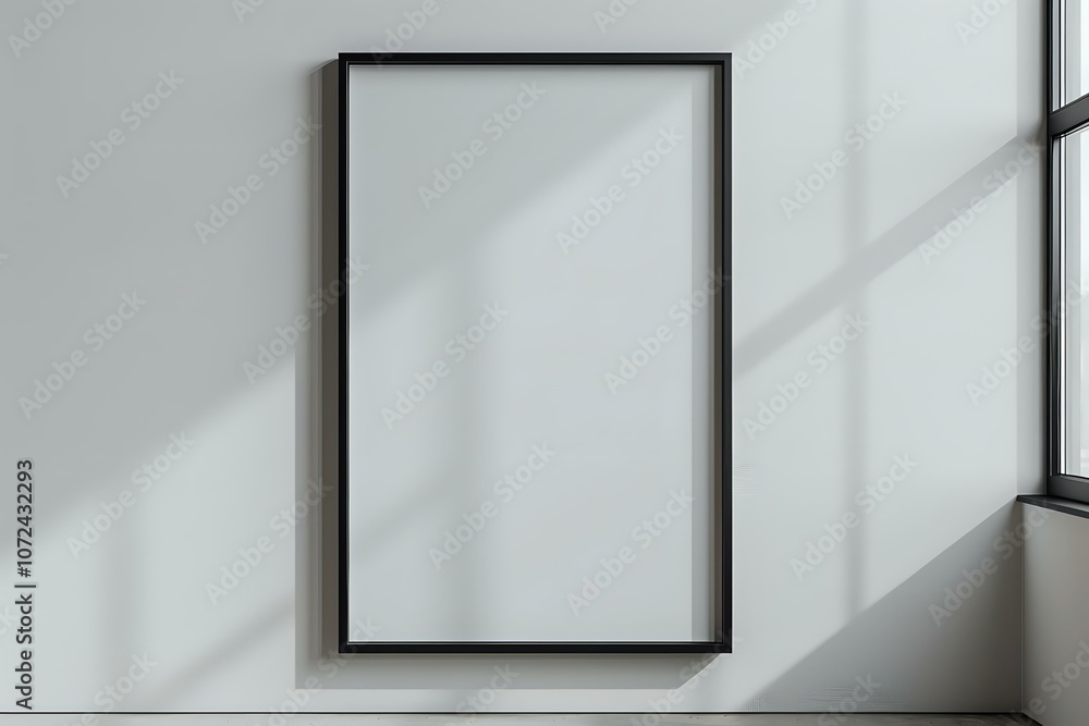 Vertical black empty frame mockup on white wall with natural window light and shadow overlay. Perfect for artwork and poster presentation in minimal interior design. Vertical black empty frame mockup on white wall with natural window light and shadow overlay. Perfect for artwork and poster presentation in minimal interior design.