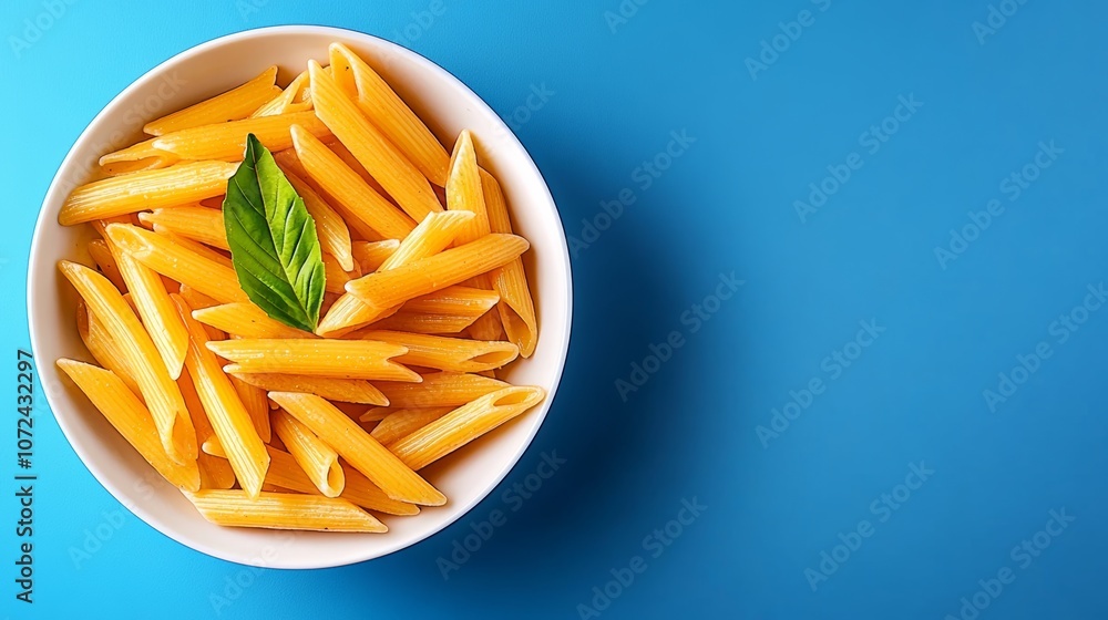 Bowl of pasta with a green leaf on top. The pasta is yellow and the bowl is white Bowl of pasta with a green leaf on top. The pasta is yellow and the bowl is white