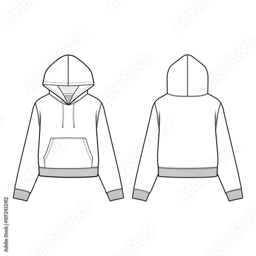 Women's Cropped Hoodie Technical Drawing with Drawstring Hood and Kangaroo Pocket

