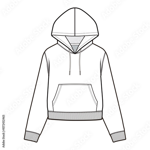 Women's Cropped Hoodie Technical Drawing with Drawstring Hood, Kangaroo Pocket, and Ribbed Cuffs and Hem


