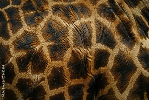 Detailed view of giraffe skin highlighting the unique texture and pattern of its coat