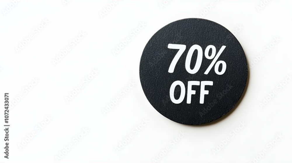White '70% OFF' Text on a Black Round Paper Note. White Background with Copy Space White '70% OFF' Text on a Black Round Paper Note. White Background with Copy Space