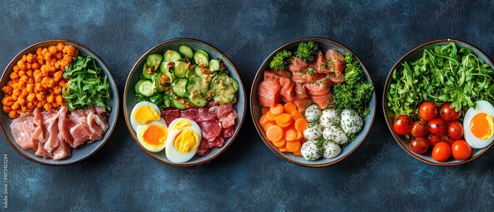 Four bowls with healthy and delicious salads with different ingredients. Four bowls with healthy and delicious salads with different ingredients.