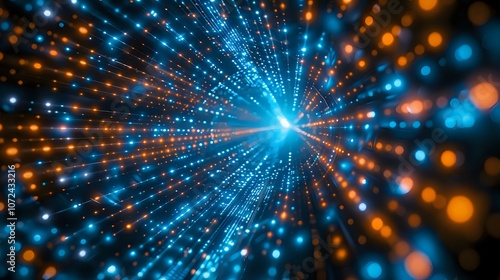 Wallpaper Mural abstract illustration of vibrant blue and orange glowing particles converging toward a central point, creating a sense of motion and energy. Perfect for themes of technology, innovation Torontodigital.ca