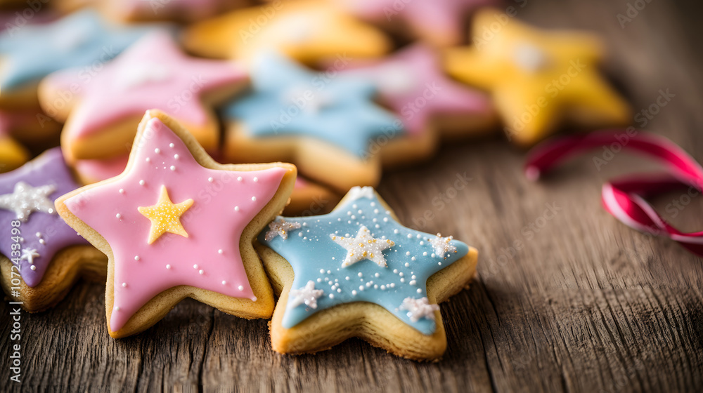 Close-up of Christmas cookies shaped like stars and gingerbread men on a wooden table with holiday decorations, copy space Close-up of Christmas cookies shaped like stars and gingerbread men on a wooden table with holiday decorations, copy space