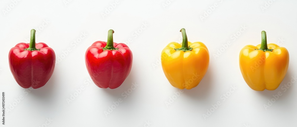 Four fresh bell peppers, two red and two yellow, arranged in a row on a white background. Four fresh bell peppers, two red and two yellow, arranged in a row on a white background.