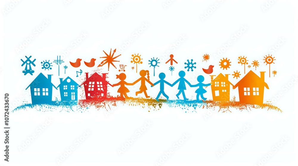 Colorful community illustration with paper cut silhouettes of houses, people holding hands, trees and butterflies in rainbow gradient design perfect for social projects and unity concepts. Colorful community illustration with paper cut silhouettes of houses, people holding hands, trees and butterflies in rainbow gradient design perfect for social projects and unity concepts.