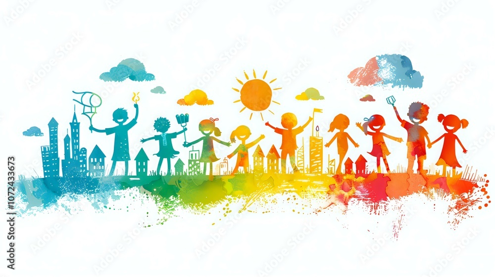 Obraz premium Happy children silhouettes playing outdoors against colorful watercolor rainbow background, perfect for education, childhood development and community projects.