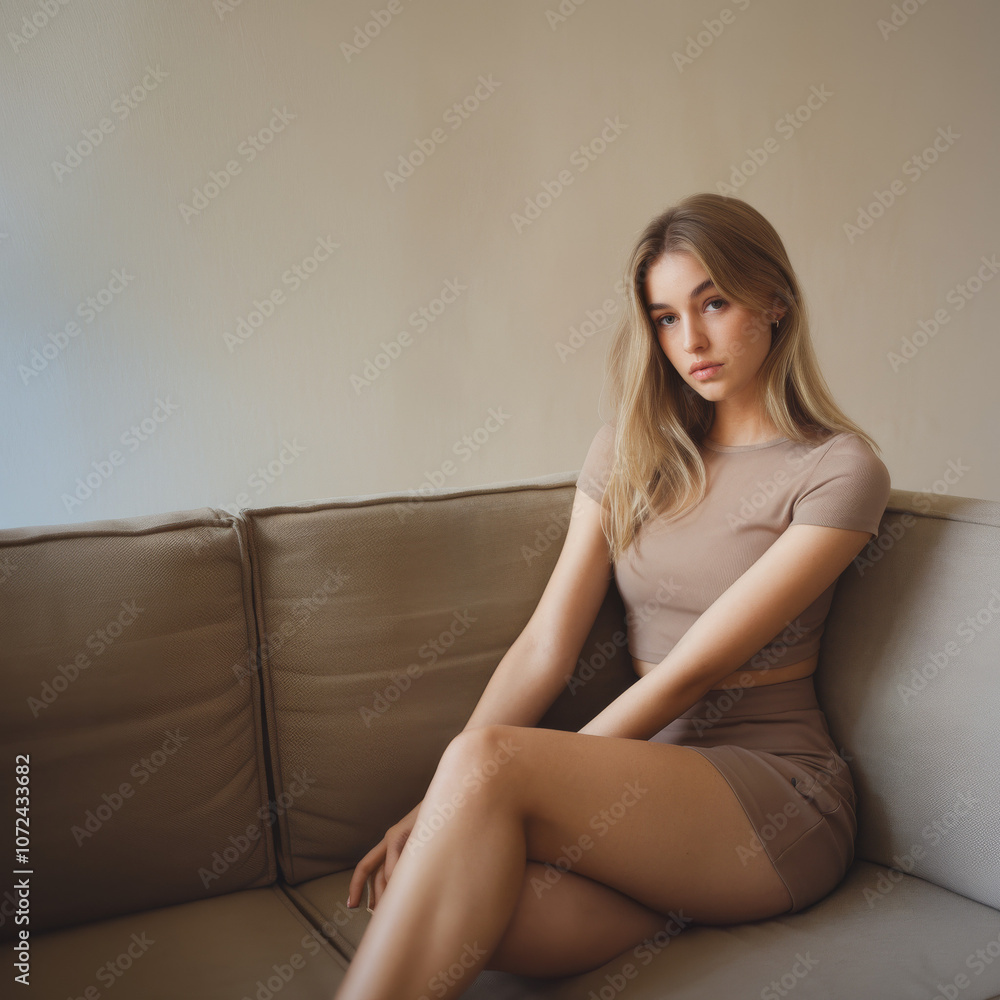 Minimalist portrait of a blonde woman in natural lighting. Beautiful lifestyle model in a cozy casual setting. Minimalist portrait of a blonde woman in natural lighting. Beautiful lifestyle model in a cozy casual setting.