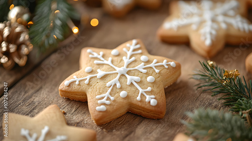 Close-up of Christmas cookies shaped like stars and gingerbread men on a wooden table with holiday decorations, copy space