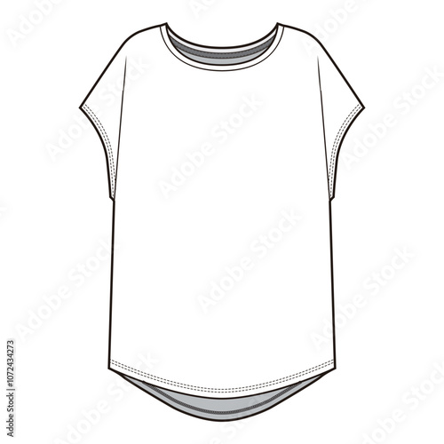 Women's Relaxed Fit T-Shirt Technical Drawing with Crew Neck, Dolman Sleeves, and Curved Hem

