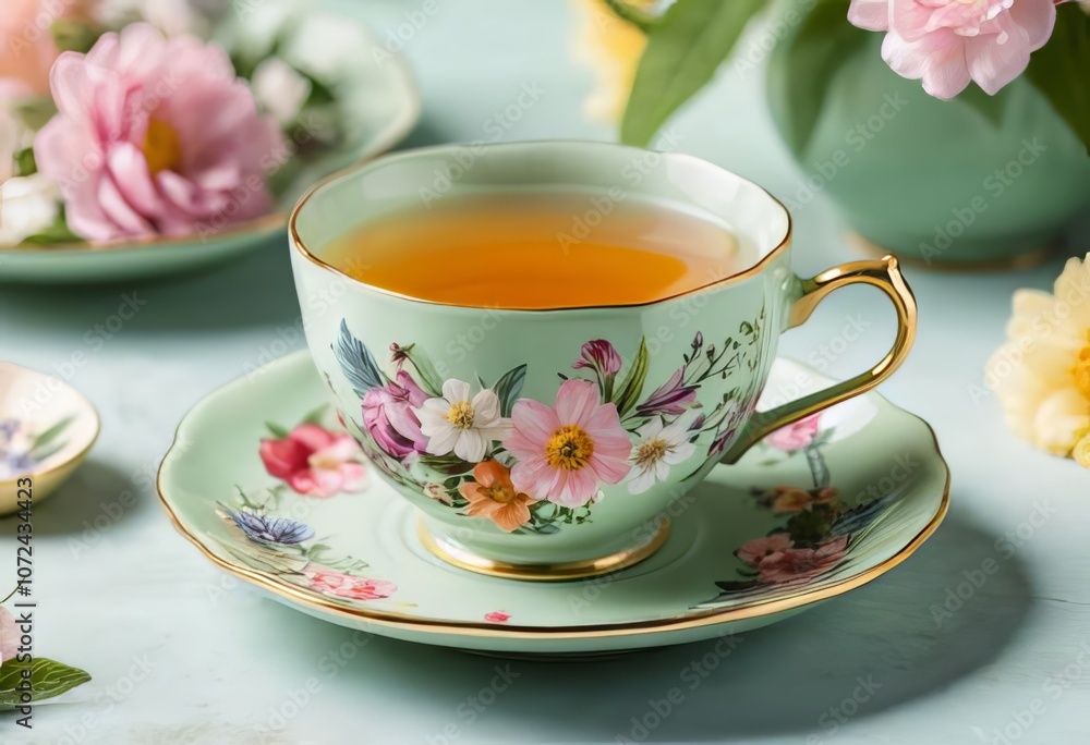 A cup of tea with a blooming flower inside, placed on a pastel green saucer with floral designs A cup of tea with a blooming flower inside, placed on a pastel green saucer with floral designs