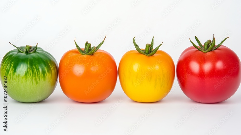 Four different colored tomatoes are lined up on a white background. The colors are green, orange, yellow, and red. Concept of variety and diversity Four different colored tomatoes are lined up on a white background. The colors are green, orange, yellow, and red. Concept of variety and diversity
