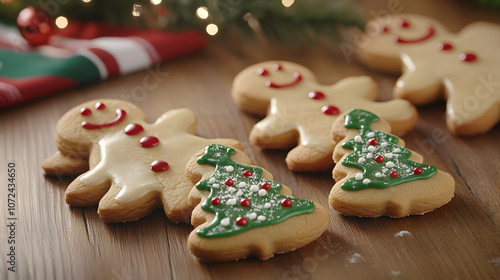 Close-up of Christmas cookies shaped like stars and gingerbread men on a wooden table with holiday decorations, copy space