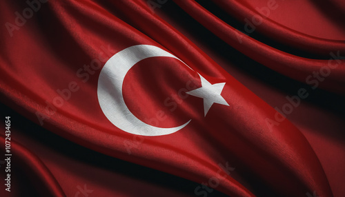 a flag of Turkey wawing high in the dark solid background. The flag is red with a white crescent and star in the center. Dark theme. photo