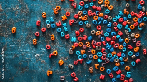 A creative arrangement of Hindi letters formed from colorful beads scattered on a textured surface.