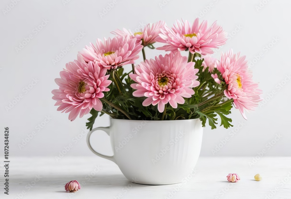 A white cup with pink chrysanthemums inside, placed on a white background A white cup with pink chrysanthemums inside, placed on a white background