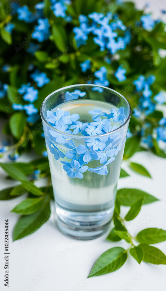 Glass of Water with Floating Blue Flowers on White Surface with Green Leaves, Surrounded by More Blue Flowers in Background Glass of Water with Floating Blue Flowers on White Surface with Green Leaves, Surrounded by More Blue Flowers in Background