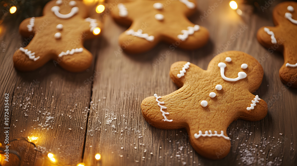 Close-up of Christmas cookies shaped like stars and gingerbread men on a wooden table with holiday decorations, copy space Close-up of Christmas cookies shaped like stars and gingerbread men on a wooden table with holiday decorations, copy space
