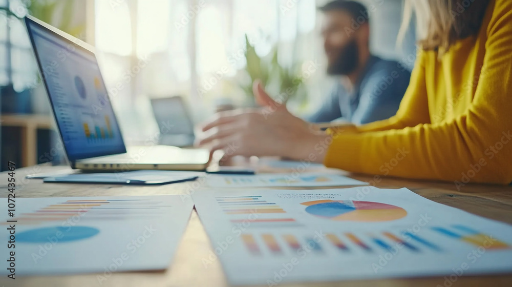 Business Meeting with Charts and Laptop on Table Business Meeting with Charts and Laptop on Table